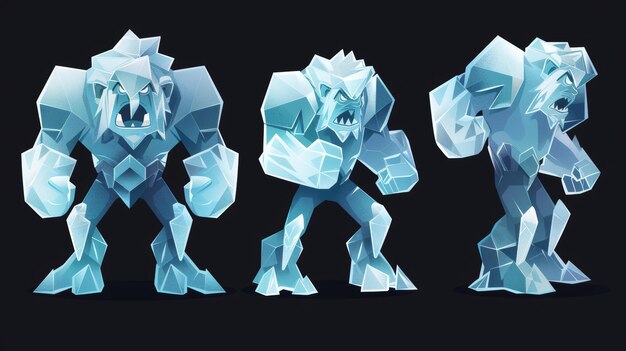 Photo diverses poses de golems de glace isolés sur un fond noir illustration moderne de grands géants de cristal en colère tristes et endormis monstres fantastiques faits d'eau gelée ou de verre