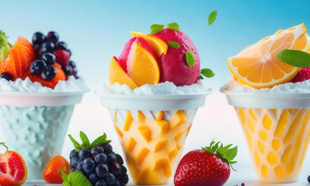 Diverses sortes de glaces colorées avec des fruits