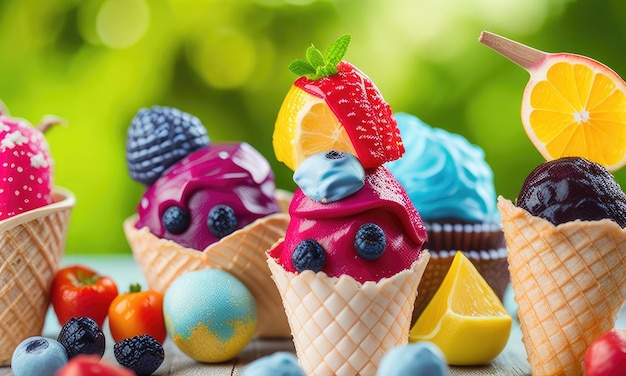 Diverses sortes de glaces colorées avec des fruits