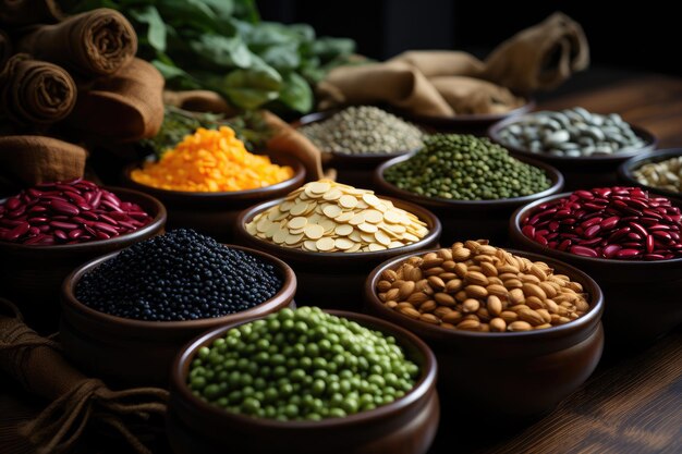 diverses sortes de haricots et de graines sur une table en bois