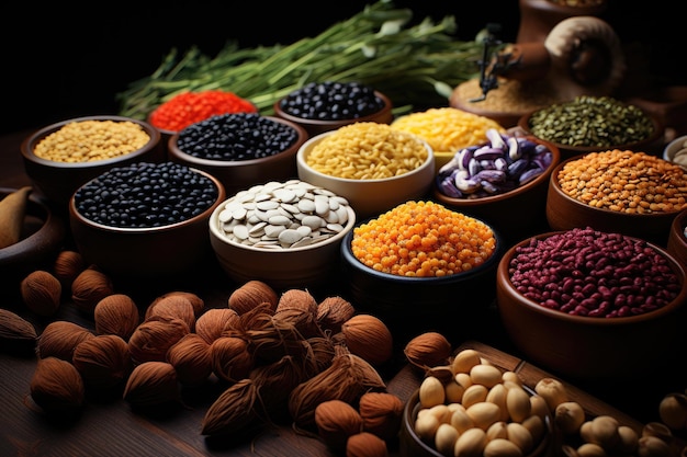 diverses sortes de haricots et de graines sur une table en bois