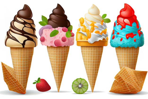 Diverses variétés de crème glacée dans des cônes isolés sur fond blanc Generative Ai