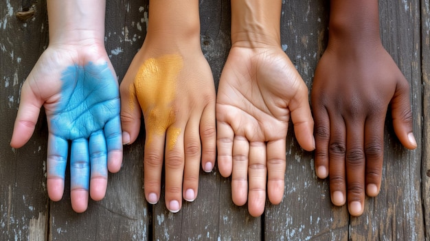 Photo la diversité dans l'unité des mains de différentes teintes de peau unies sur un fond en bois