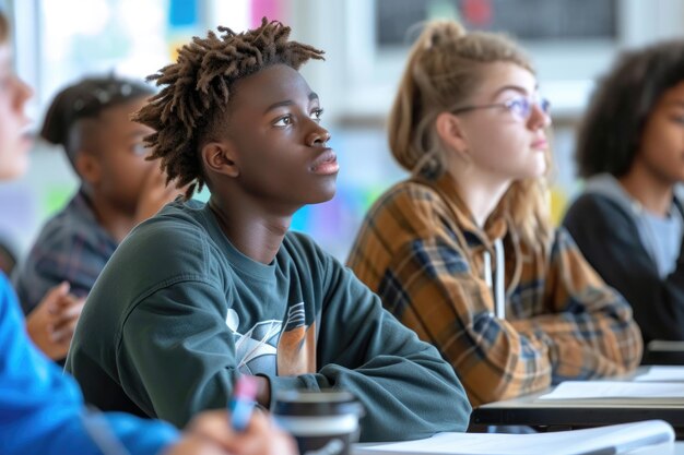 Photo diversité les élèves du lycée étudient en classe.