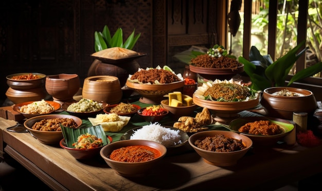 Diversité des plats dans la vaisselle en argile sur la table en bois Cuisine festive rustique faite maison AI générative