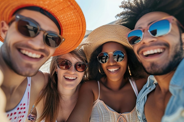 Photo diversité et portrait d'amis en vacances tout en s'amusant ensemble lors d'un voyage de week-end