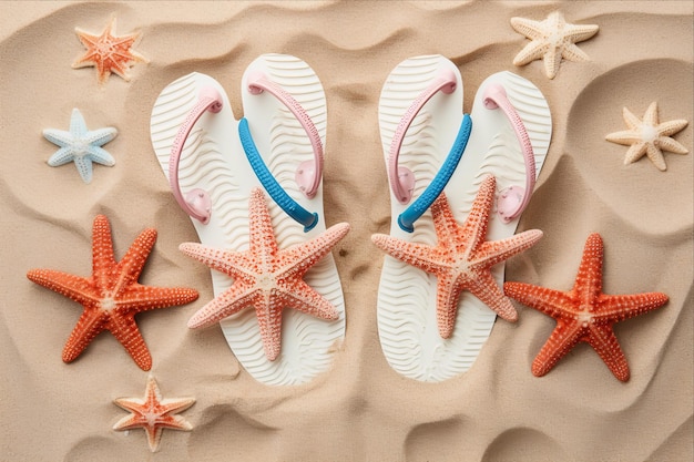 Photo divertissement au soleil des pantoufles élégantes et colorées des étoiles et des coquillages sur la plage de sable une tenue parfaite