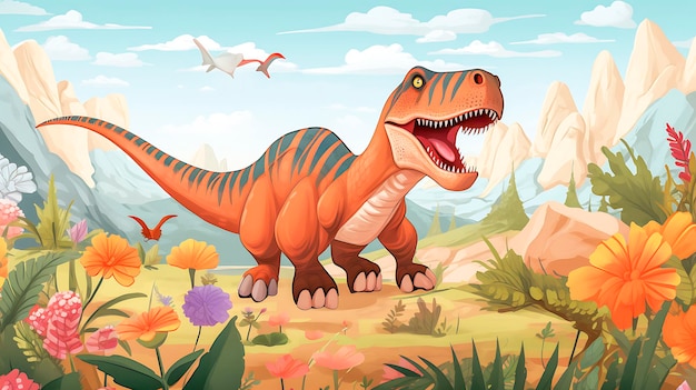 Divertissement avec un dinosaure de dessin animé sur le fond de la jungle Illustration vectorielle sur le thème du parc jurassique