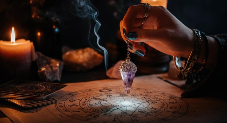 Photo la divination au pendule mystique un courant de fumée et de bougies créant une atmosphère magique