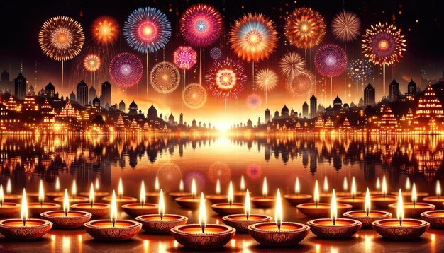 Photo diwali horizon diyas brillants réfléchissant sur les eaux avec des feux d'artifice du paysage urbain