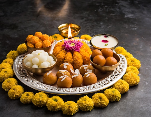 Diwali Rangoli fait à l'aide de fleurs de lampe Diyaoil et d'une assiette pleine de Gulab Jamun Rasgulla kaju katli morichoor Bundi Laddu Gujiya ou Karanji