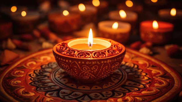 Diya en argile illuminée avec des motifs complexes pour célébrer Diwali