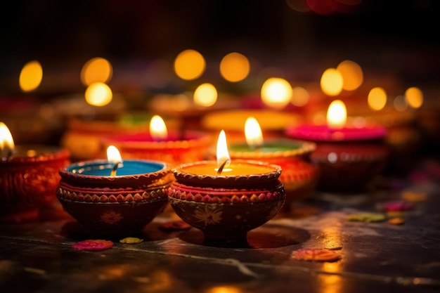 Diya coloré a allumé des lampes à huile traditionnelles pour la fête des lumières hindoues de Diwali
