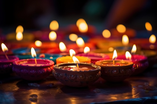 Diya coloré a allumé des lampes à huile traditionnelles pour la fête des lumières hindoues de Diwali