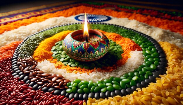 Diya sur des grains colorés Arrangement inspiré du drapeau indien