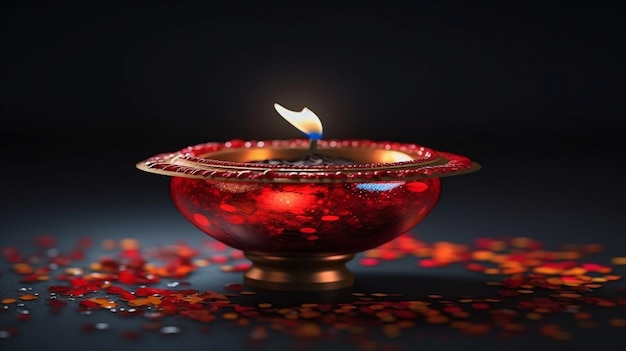 Un diya en verre rouge avec une bougie dedans