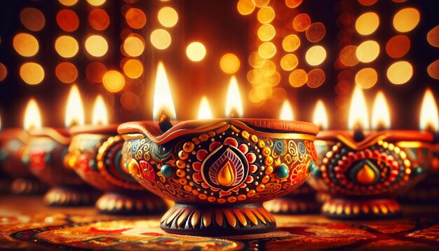 Les Diyas traditionnels festifs s'illuminent par la célébration et la chaleur