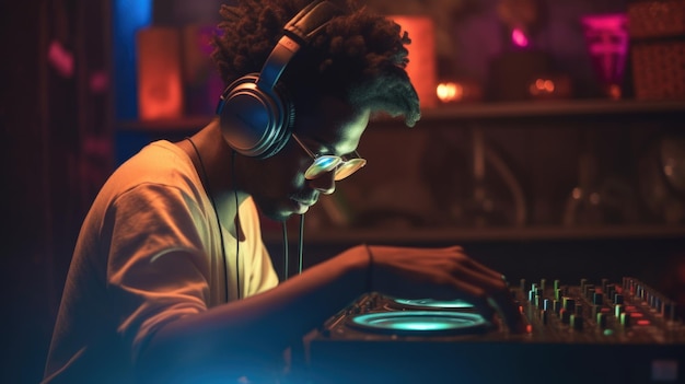 DJ afro-américain mixant de la musique dans une boîte de nuit avec une lumière colorée