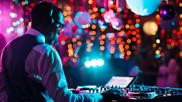 Un DJ afro-américain portant des écouteurs mélangeant de la musique lors d'une fête avec des lumières colorées en arrière-plan