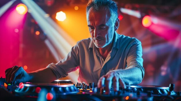 Photo un dj âgé à la console de mixage dans une boîte de nuit