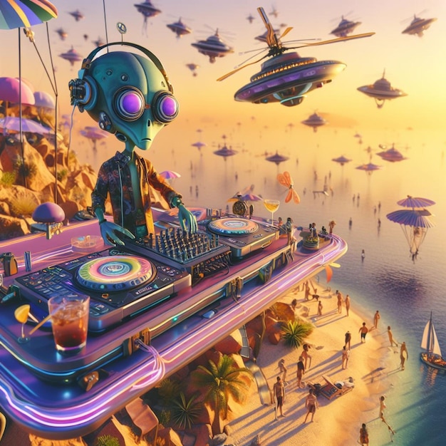 Un DJ alien métallique organise une fête sur la plage sur une île tropicale au coucher du soleil.