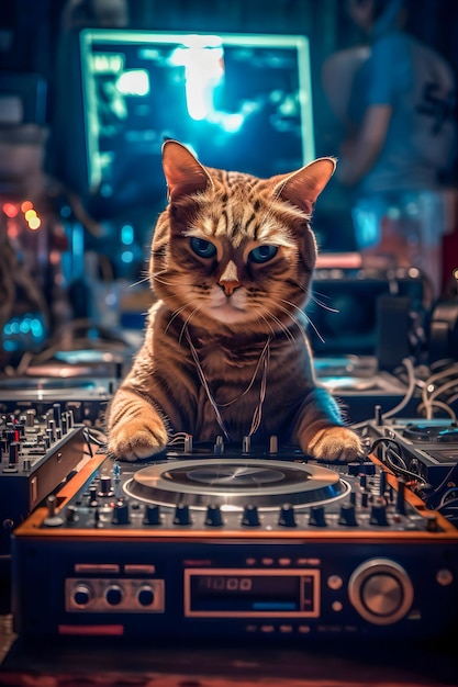 Dj Cat sur fond de style disco du samedi soir animaux antrophomorfiques