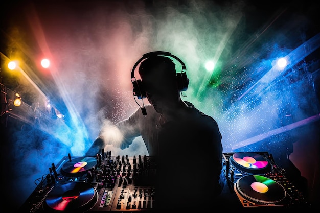 DJ de club utilisant un casque et une table de mixage Un spectacle de lumière laser d'ambiance