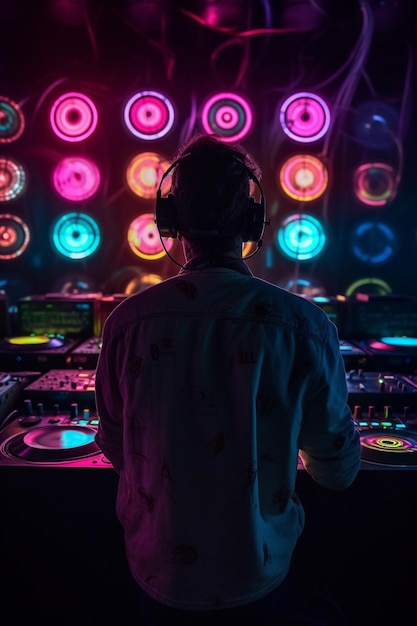 Un DJ dans une pièce sombre avec un homme dans des écouteurs et une lumière qui dit DJ dessus.