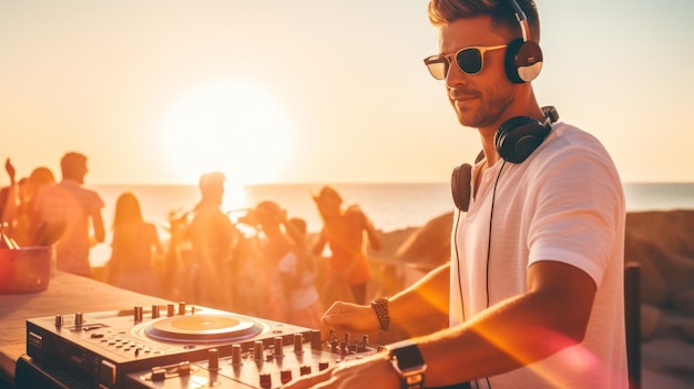 DJ fête d'été sur la plage Illustration AI GenerativexA