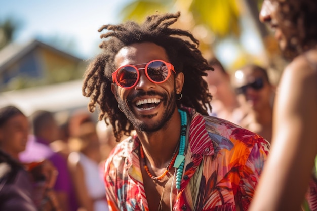 Le DJ de la fête sur la plage fait tourner la musique et les gens sont excités avec les mains en l'air.