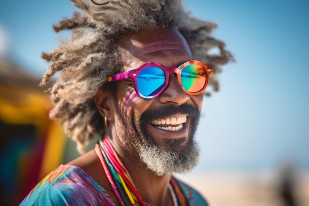 Le DJ de la fête sur la plage fait tourner la musique et les gens sont excités avec les mains en l'air.