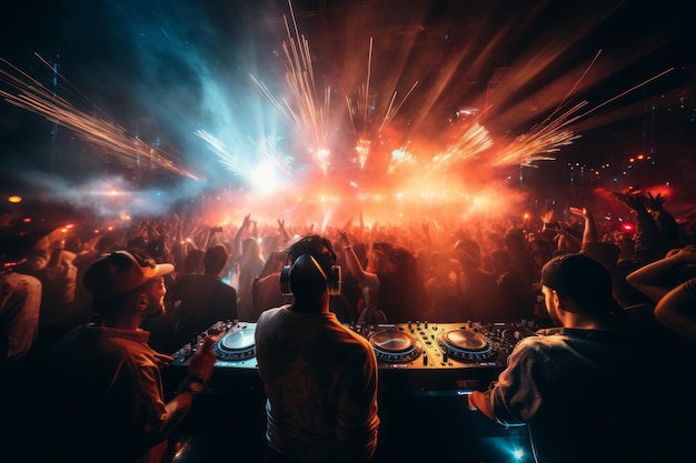 Des DJ font tourner des rythmes énergiques dans une discothèque bondée Generative AI