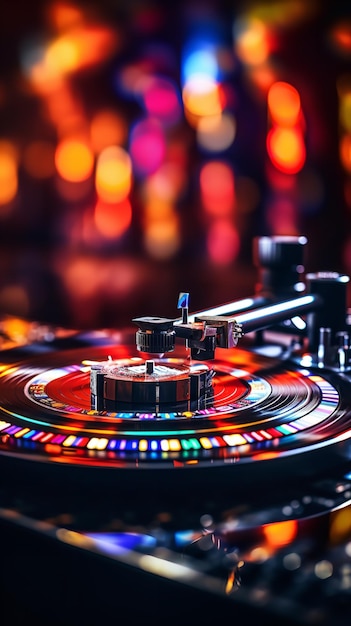 DJ jouant des disques vinyles contre un fond de bokeh de danse lumineuse Generative Ai