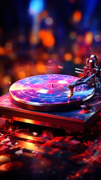 DJ jouant des disques vinyles contre un fond de bokeh de danse lumineuse Generative Ai