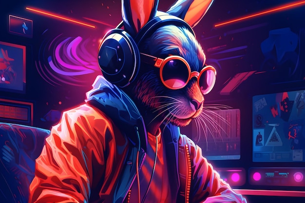 Un DJ lapin portant une veste et des lunettes de soleil joue de la musique.