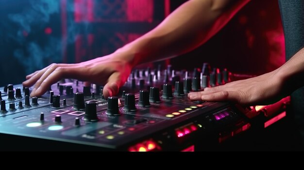 DJ mains DJ console mélangeur sur concert boîte de nuit scène musique couleurs IA générative