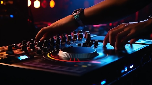 DJ mains DJ console mixeur sur concert boîte de nuit scène musique couleurs