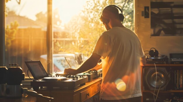 Photo dj à la maison, bureau de mixage avec ordinateur portable et équipement audio