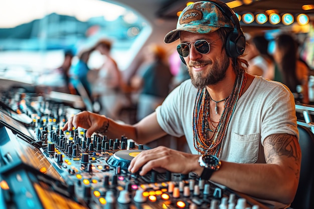 Un DJ mélange de la musique sur une console de mixage lors d'une fête de yacht de luxe en mer en été en vacances.