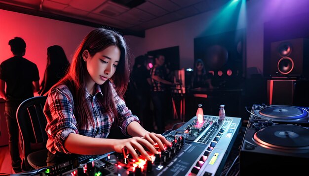 Dj mignon femme s'amusant à jouer de la musique à la fête du club