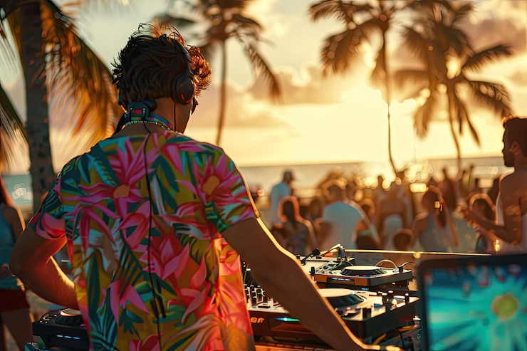 Photo dj en plein air lors d'un festival de fête sur la plage avec une foule de gens en arrière-plan