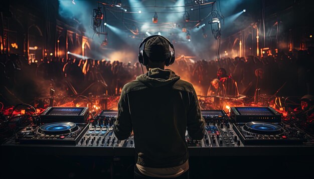 Photo un dj regarde un spectacle devant une scène avec une toile de fond de lumières