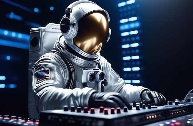 Photo dj spatial en combinaison spatiale jouant de la musique sur une console de mixage