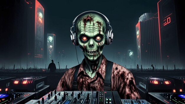 Photo un dj zombie face à la caméra dans une ville futuriste