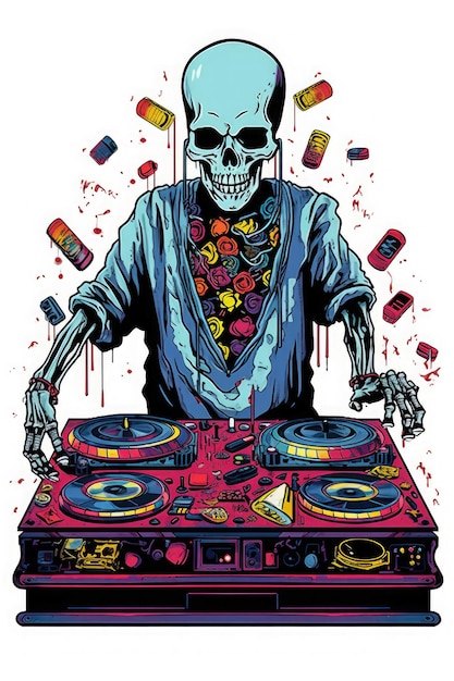 Un DJ zombie lors d'une fête avec une platine vinyle faite d'os, conception de t-shirt professionnel simple générée par l'IA