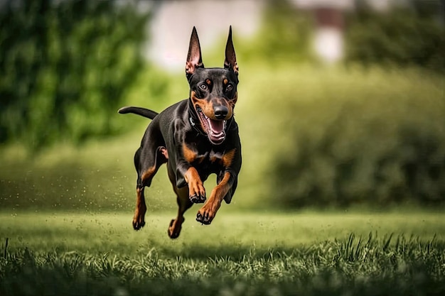 Doberman dans le parc courant et sautant sur la pelouse créée avec une IA générative