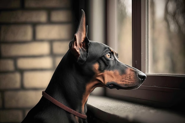 Doberman pinscher assis sur le rebord de la fenêtre en regardant la vue créée avec l'IA générative