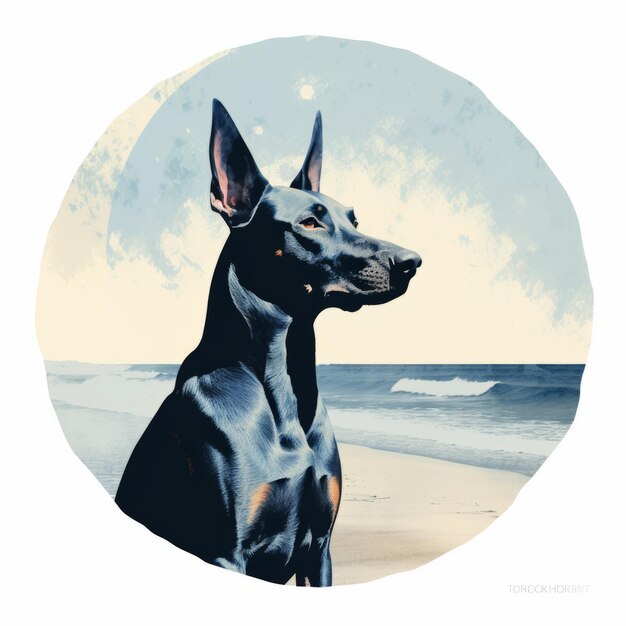 Le Doberman Pinscher noir sur la plage de Jones, le tonalisme, le design du T-shirt en cercle