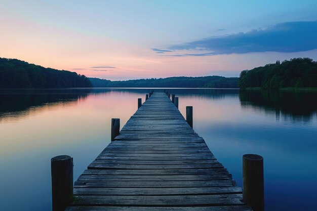 Dock en bois au milieu d'un lac Une jetée de pêche en bois rustique s'étendant dans un lac serein au crépuscule