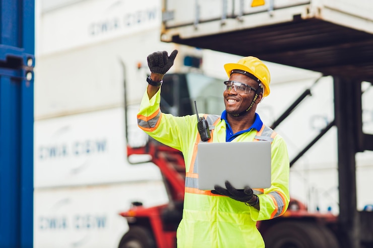 Un docker africain contrôle le chargement des conteneurs de marchandises au chantier naval de conteneurs d'entrepôt Employé du personnel marin et du transporteur Opérateur de chargement de marchandises Expédition Logistique d'exportation Chantier naval